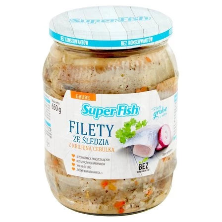 SUPERFISH Filety ze śledzia z krojoną cebulką 650 g / 500 g